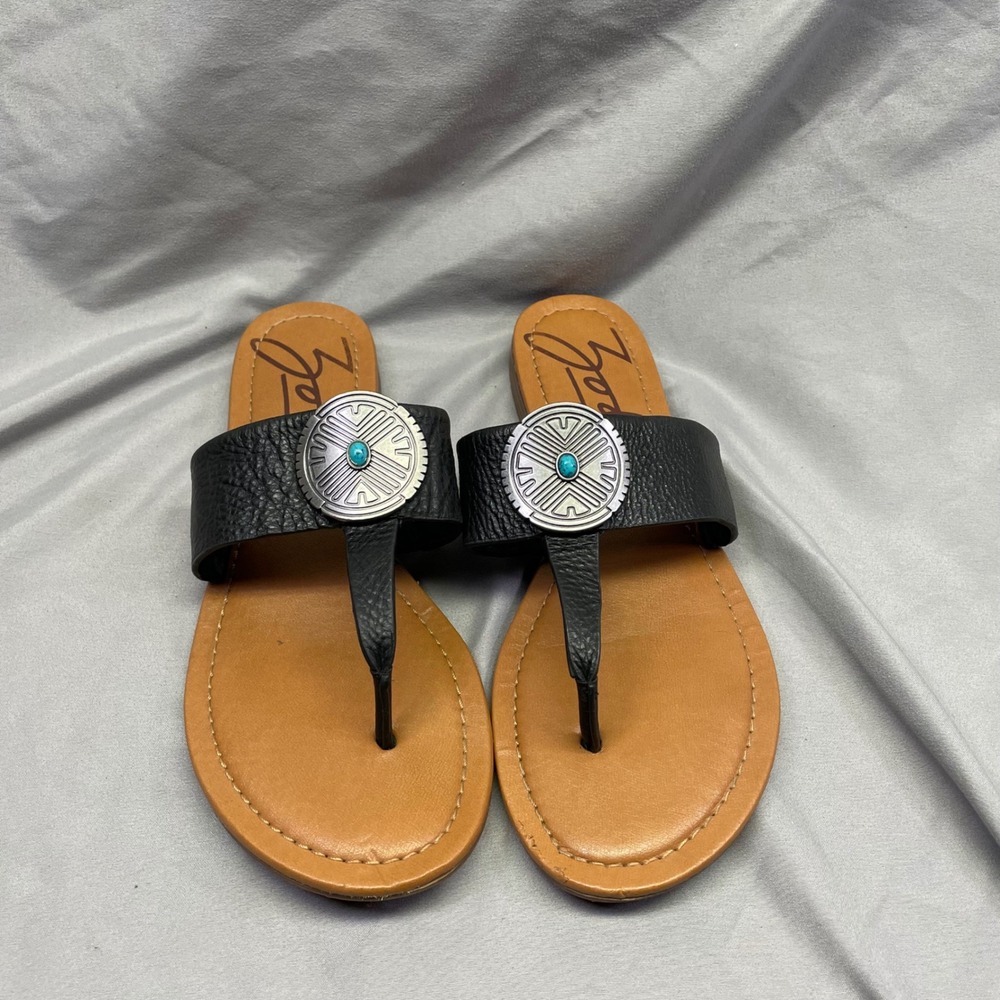 Zodiac Ingrid Black Leather Concho Thong Sandals Turquoise Medallion Womens 9.5M